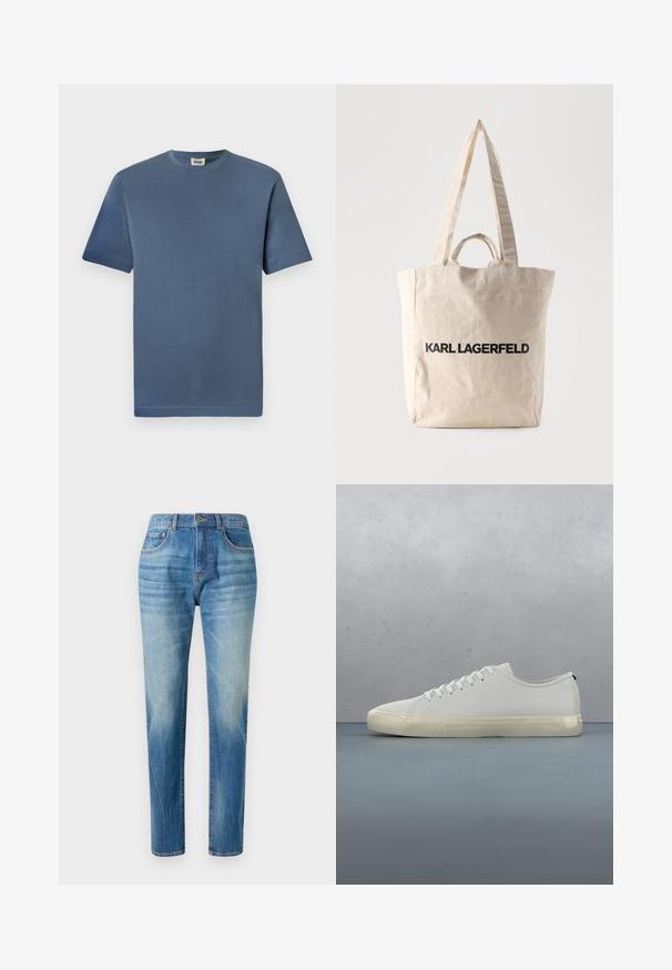 Blauwe katoenen t-shirt met een ronde hals en korte mouwen. Heeft een gladde textuur en een rechte zoom. Geen zichtbare patronen of graphics.; Lichtblauwe denim jeans met een rechte pijp, voorzien van een hoge taille, subtiele vervaging en klassieke vijf-pocket stijl. Metalen knoopsluiting.; Witte leren sneaker met veters zwevend boven vierkante houten tegels en kleine stenen, met een boom en een grijze achtergrond.; Beige canvas boodschappentas met lange en korte handvatten, met "KARL LAGERFELD" tekst in dikke zwarte letters gedrukt op de voorkant.