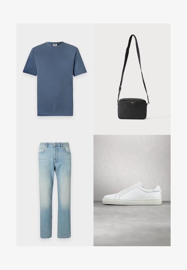 Blaue Baumwoll-T-Shirt mit Rundhalsausschnitt und kurzen Ärmeln. Hat eine glatte Textur und einen geraden Saum. Keine sichtbaren Muster oder Grafiken.; Helle blaue Jeans aus Denim mit geradem Bein, fünf Taschen und einem ausgewaschenen Effekt an den Oberschenkeln.; Weißer Sneaker mit glattem Lederobermaterial und niedrigem Profil. Verfügt über eine runde Zehenpartie, sechs Ösen und eine strukturierte Gummisohle.; Schwarze rechteckige Umhängetasche mit verstellbarem Riemen und BOSS-Logo auf der Vorderseite, vor einem einfarbigen hellen Hintergrund.