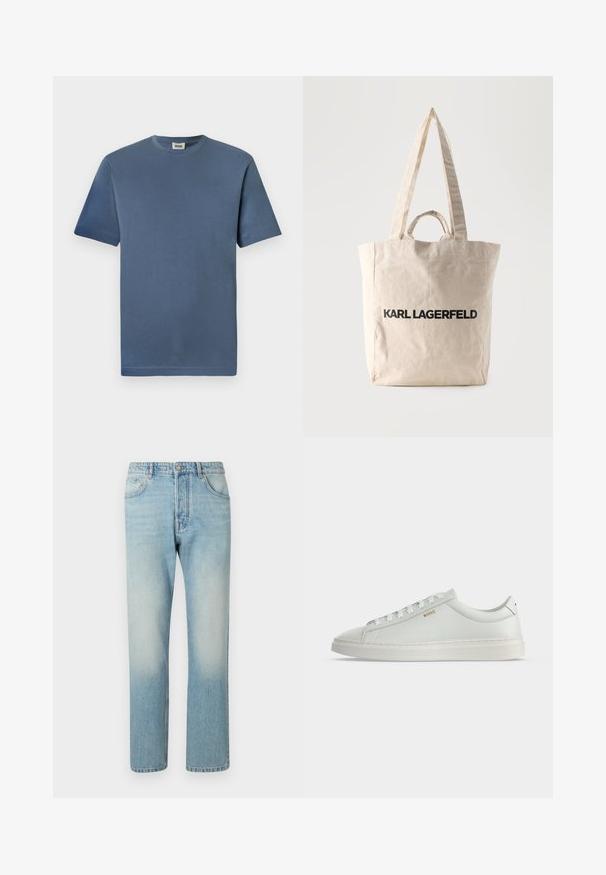 Blaue Baumwoll-T-Shirt mit Rundhalsausschnitt und kurzen Ärmeln. Hat eine glatte Textur und einen geraden Saum. Keine sichtbaren Muster oder Grafiken.; Helle blaue Jeans aus Denim mit geradem Bein, fünf Taschen und einem ausgewaschenen Effekt an den Oberschenkeln.; Weißer Leder-Sneaker in niedriger Ausführung mit Schnürsenkeln, flacher Sohle und kleinem goldfarbenem "BOSS" Logo an der Seite, von der Außenseite betrachtet.; Beige Leinwand-Shopper mit langen und kurzen Griffen, auf der Vorderseite mit dem Aufdruck "KARL LAGERFELD" in fetten schwarzen Buchstaben.