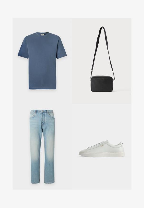Blauwe katoenen t-shirt met een ronde hals en korte mouwen. Heeft een gladde textuur en een rechte zoom. Geen zichtbare patronen of graphics.; Lichtblauwe jeans van denim, met een rechte pijpdesign, vijf zakken en een vervaagde was-effect op de dijen.; Witte lage leren sneaker met veters, platte zool en klein gouden "BOSS" logo aan de zijkant, gezien vanaf de buitenkant.; Zwarte rechthoekige crossbodytas met verstelbare band en BOSS-logo aan de voorkant, tegen een effen lichte achtergrond.