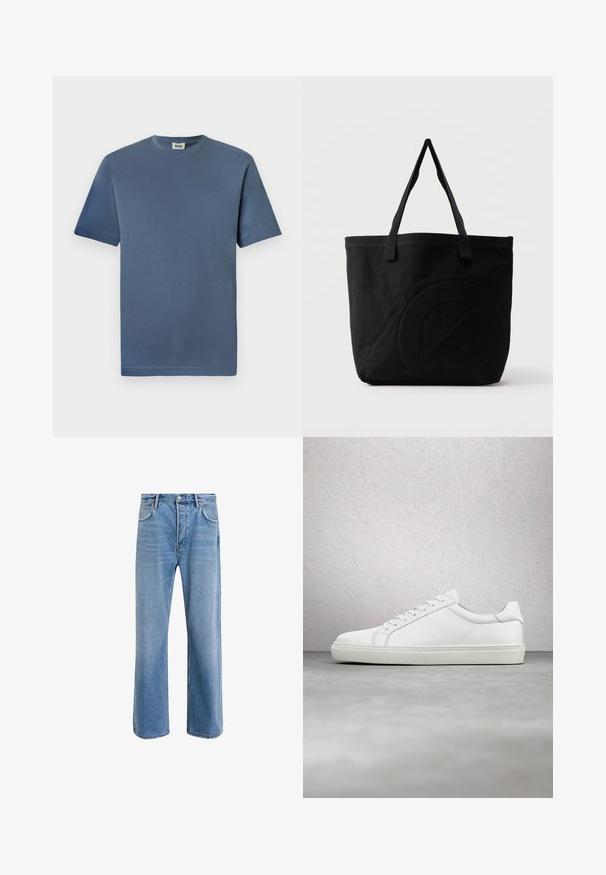 Blaue Baumwoll-T-Shirt mit Rundhalsausschnitt und kurzen Ärmeln. Hat eine glatte Textur und einen geraden Saum. Keine sichtbaren Muster oder Grafiken.; Helle blaue Jeans im Geradeschnitt-Design, mit fünf Taschen, Knopfverschluss, minimaler Ausbleichung und kontrastierenden Nähdetails.; Weißer Sneaker mit glattem Lederobermaterial und niedrigem Profil. Verfügt über eine runde Zehenpartie, sechs Ösen und eine strukturierte Gummisohle.; Schwarze Canvas-Shopper-Tasche mit zwei Schulterriemen und einem dezenten, eingeprägten kreisförmigen Design auf der Vorderseite.