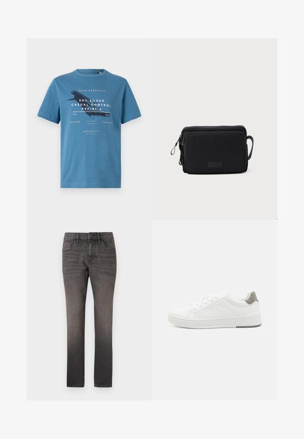 Blå bomulds t-shirt med korte ærmer, med grafisk tekst og et flydesign på forsiden. Rund hals og regular fit.; TOM TAILOR JOSH - Jeans Straight Leg - used dark stone black denim; Hvid sneaker lavet af glat læder, rund tå, minimalistisk design, grå hælafsats og tekstureret gummisål.; Sort rektangulær taske lavet af glat stof, med lynlåslukning, en sidelomme og et lille logo-patch på forsiden.