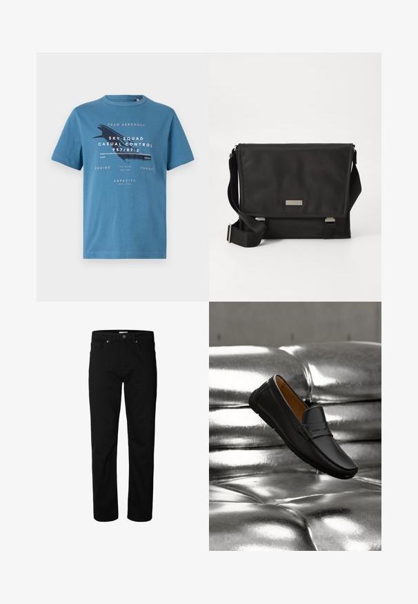 Blå bomulds t-shirt med korte ærmer, med grafisk tekst og et flydesign på forsiden. Rund hals og regular fit.; Sorte jeans med lige ben, knap- og lynlåslukning, bæltestropper samt for- og baglommer, vist mod en ensfarvet hvid baggrund.; Sort læderloafer, der svæver over en skinnende sølvfarvet tuftet lædersofa med blød belysning.; Sort messenger taske lavet af nylon med en mat finish. Har en klaplukning, justerbar rem og en lille metal logo plade.