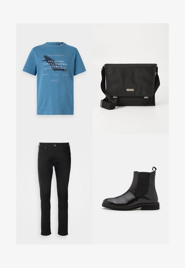 Blauwe katoenen t-shirt met korte mouwen, met grafische tekst en een vliegtuigontwerp aan de voorkant. Ronde hals en reguliere pasvorm.; Zwarte katoenen spijkerbroek met een rechte pijp, voorzien van een voorste knoopsluiting, ceintuurlussen en standaardzakken met een zachte textuur.; Zwarte Chelsea boots van glanzend leer, met elastische zijpanelen, een trekhaak en een platte rubberen zool.; Zwarte schoudertas gemaakt van nylon met een matte afwerking. Voorzien van een klep met sluiting, een verstelbare schouderband en een klein metalen logo plaatje.