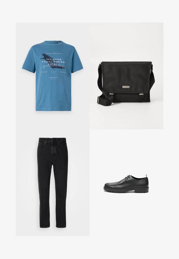 Blå bomulds t-shirt med korte ærmer, med grafisk tekst og et flydesign på forsiden. Rund hals og regular fit.; Sorte denim jeans med lige ben-design, med knap- og lynlåslukning, forlommer og subtile teksturer.; Sorte lædersko med en glat overflade, rund tå og dekorativ stikning. Har en gummisål med skridsikre spor og snørebåndsdesign.; Sort messenger taske lavet af nylon med en mat finish. Har en klaplukning, justerbar rem og en lille metal logo plade.
