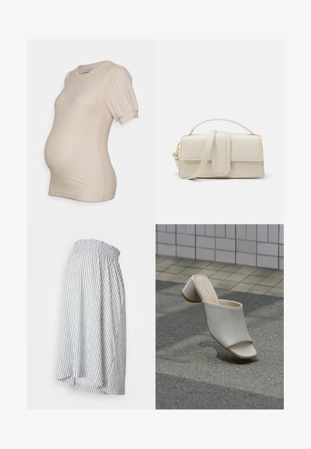 Haut de maternité beige avec texture côtelée, manches courtes bouffantes et encolure ronde, conçu pour s'adapter à un ventre qui grandit.; Jupe rayée avec une taille élastique, fabriquée en tissu léger bleu et blanc. Présente des rayures verticales et une silhouette fluide.; Mule blanche à bout ouvert avec talon bloc sur sol pavé près d'un mur carrelé, inclinée pour montrer les vues latérale et supérieure.; Sac à main en cuir couleur crème, de forme rectangulaire, avec une poignée plate et une bandoulière détachable ; présente un rabat à l'avant avec une fermeture magnétique.