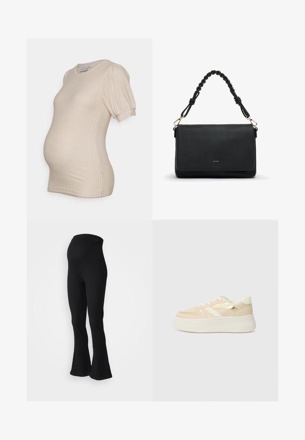 Top de maternidad beige con textura acanalada, mangas cortas abullonadas y cuello redondo, diseñado para acomodar una barriga en crecimiento.; Pantalones acampanados negros de canalé con una cintura alta. La tela tiene un aspecto texturizado, diseñada para una silueta ajustada.; Zapatillas de plataforma beige con una suela blanca. Presentan acentos metálicos en dorado y una textura suave. Diseño con cordones y puntera redondeada.; Bolso de hombro de cuero negro con asa trenzada y cierres en tono dorado, cierre con solapa frontal y pequeño logo dorado "MIRIADE".