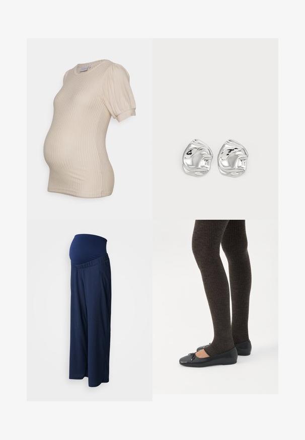 Haut de maternité beige avec texture côtelée, manches courtes bouffantes et encolure ronde, conçu pour s'adapter à un ventre qui grandit.; Pantalons de maternité bleu marine avec une ceinture extensible et texturée. Les jambes sont larges et fluides, conçues pour le confort pendant la grossesse.; Jambes portant des leggings côtelés foncés associés à des ballerines noires avec de petits détails en nœud sur fond blanc.; Boucles d'oreilles en forme abstraite argentées avec une finition poli, présentant des courbes lisses et des contours subtils. Pas de motifs ou d'accents visibles.