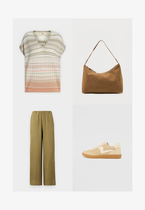 Haut en maille à manches courtes avec col en V et motif chevron dans des tons beige, blanc, vert clair et corail, coupe ample.; Pantalons larges en khaki avec une taille élastique, fabriqués en coton doux. Présente des fentes latérales et une coupe droite, offrant un ajustement décontracté.; Sneaker beige avec des matériaux en daim et en maille, forme arrondie, col rembourré proéminent et semelle en caoutchouc gomme. Présente un accent de design en forme de vague.; Sac à bandoulière en daim marron avec une seule sangle et une fermeture éclair supérieure, présenté sur un fond blanc uni.
