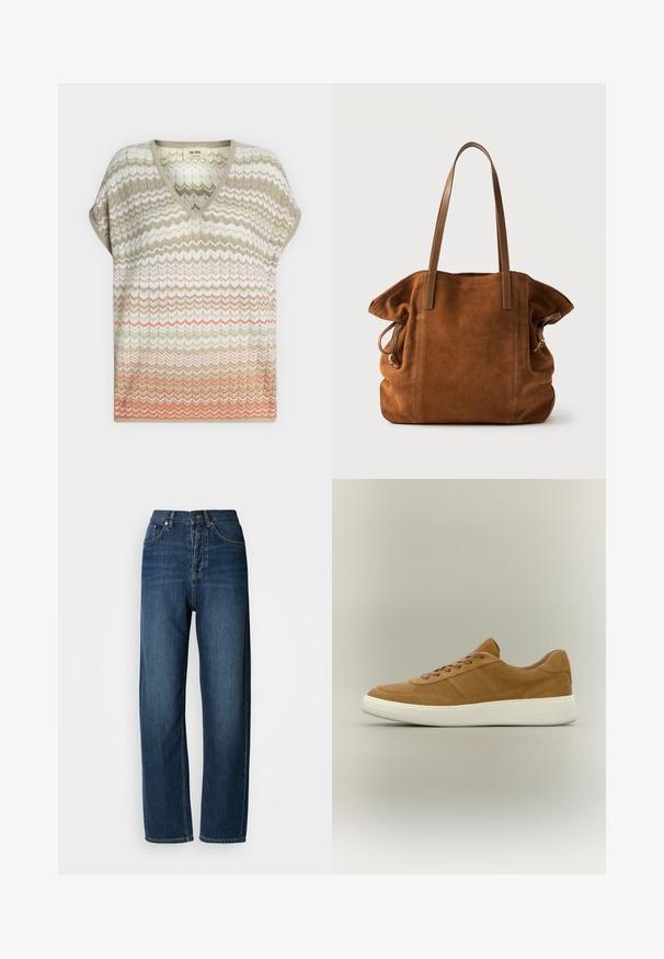 Haut en maille à manches courtes avec col en V et motif chevron dans des tons beige, blanc, vert clair et corail, coupe ample.; Jean en denim bleu foncé à coupe décontractée, taille haute, design à cinq poches et coutures visibles. Le tissu a une texture lisse.; Baskets en cuir marron avec des lacets marron et une semelle épaisse en caoutchouc blanc sur un fond neutre.; Sac fourre-tout en daim marron avec deux fines poignées en cuir et des détails à cordon sur les côtés, sur un fond clair.