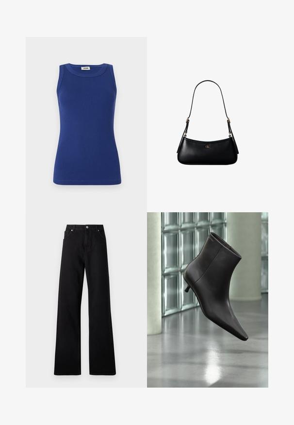 Blaues, geripptes Tanktop mit rundem Ausschnitt und ohne Ärmel. Hat eine taillierte Silhouette und eine glatte Textur. Etikett am Ausschnitt.; Schwarze weit geschnittene Jeans aus Denim mit einem Fünf-Taschen-Design, vorderem Knopfverschluss und dezenten Nähdetails.; Schwarzer Leder-Knöchelstiefel mit spitzer Spitze und kleinem Absatz vor einer Wand aus Glasbausteinen und einem polierten Boden.; Schwarze kleine Lederschultertasche mit dünnem Riemen und kleinem goldenem CK-Logo auf der Vorderseite in der Mitte.