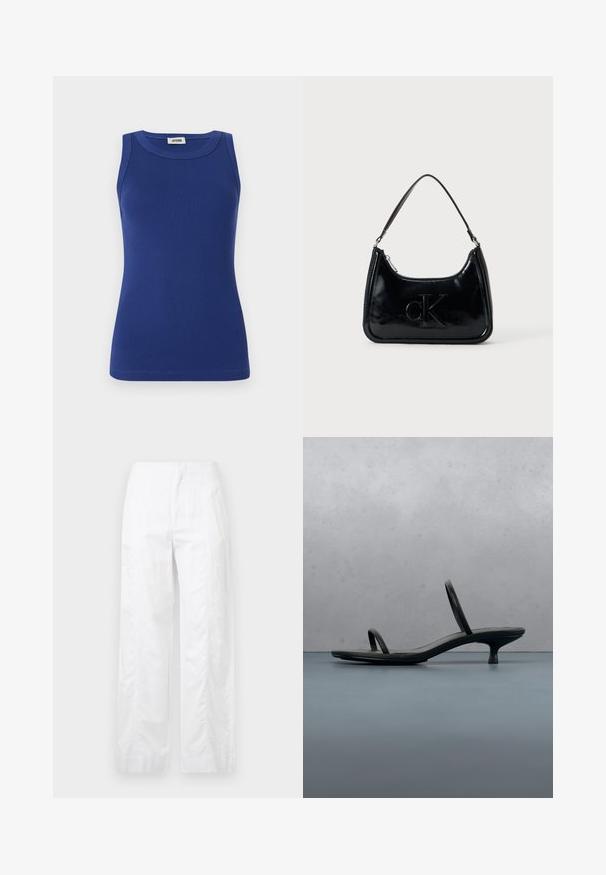 Débardeur bleu côtelé avec un col rond et sans manches. Présente une silhouette ajustée et une texture lisse. Étiquette au col.; Pantalons larges blancs en tissu léger, présentant une texture lisse, des lignes épurées et une taille haute.; Sandale à talon Calvin Klein noire avec des lanières fines, posée sur des carreaux en bois en plein air près d'un mur et de la verdure.; Sac à main en cuir verni noir avec une anse incurvée, fermeture éclair et logo "cK" embossé sur le devant. Texture lisse, forme structurée.