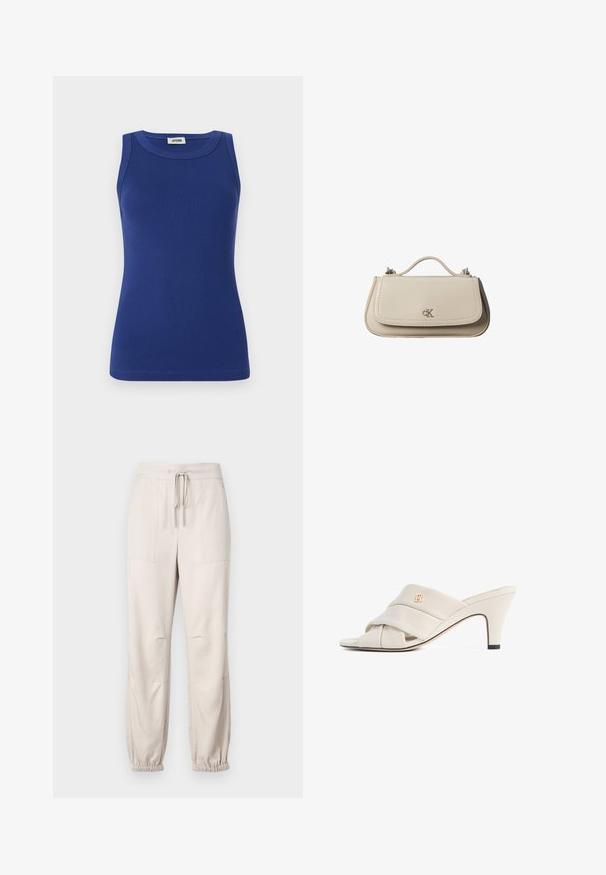 Blå ribbet tanktop med rund halsudskæring og uden ærmer. Har en tætsiddende silhuet og en glat overflade. Mærke på halsudskæringen.; Beige, lette bukser med elastisk talje, snøre detaljer og elastiske mansjetter. Har to frontlommer og en glat tekstur.; Beige højhælede mules med et snoet læderstropdesign, åben tå og præget logoaccent. Hælen har en sort spidsdetalje.; Lille beige læderhåndtaske med top håndtag og sølv CK-logo på frontklap, vist mod en hvid baggrund.