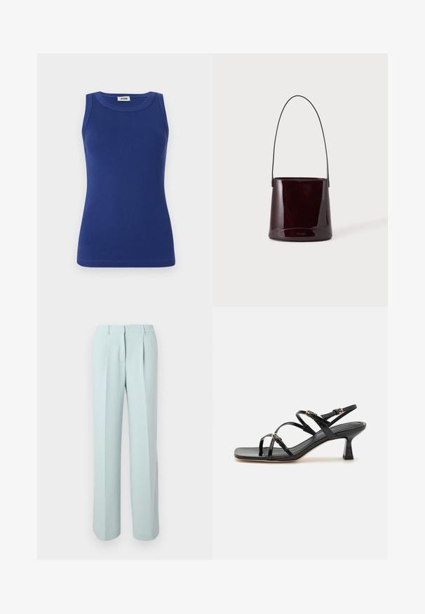 Blaues, geripptes Tanktop mit rundem Ausschnitt und ohne Ärmel. Hat eine taillierte Silhouette und eine glatte Textur. Etikett am Ausschnitt.; Hellblaue High-Waist-Hose mit vorderen Falten, Gürtelschlaufen und geraden, weiten Beinen vor weißem Hintergrund.; Schwarze lackierte Riemchensandalen mit quadratischer Zehenpartie und niedrigem Blockabsatz. Ausgestattet mit vergoldeten Beschlägen und verstellbaren Knöchelriemen.; Dunkelbraune glänzende Eimer-Handtasche mit langem dünnem Riemen und minimal sichtbarer Naht auf hellem Hintergrund.