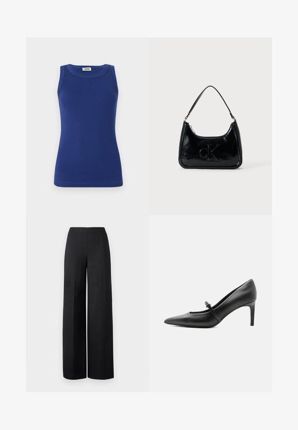 Blaues, geripptes Tanktop mit rundem Ausschnitt und ohne Ärmel. Hat eine taillierte Silhouette und eine glatte Textur. Etikett am Ausschnitt.; Schwarze weit geschnittene Hosen aus glattem Stoff. Sie verfügen über einen hohen Bund und klare, gerade Linien ohne sichtbare Taschen oder Verzierungen.; Schwarzer Leder-Pumps mit spitzer Zehenpartie, dünnem Riemen und Schnalle über dem Spann, stehend auf hellem neutralem Hintergrund.; Schwarze Handtasche aus patentiertem Leder mit einem gebogenen oberen Griff, Reißverschluss und geprägt "cK" Logo auf der Vorderseite. Glatte Textur, strukturierte Form.