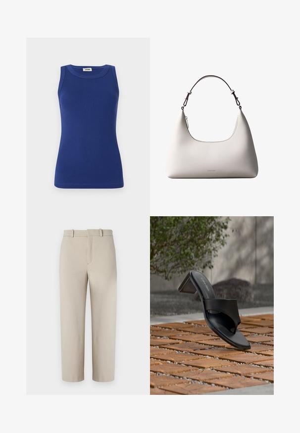 Débardeur bleu côtelé avec un col rond et sans manches. Présente une silhouette ajustée et une texture lisse. Étiquette au col.; Pantalons beiges coupés, design ajusté, devant plat avec fermeture éclair dissimulée, deux poches latérales, fabriqués en tissu en coton mélangé lisse.; Sandale à talon noire Calvin Klein avec boucle pour l’orteil, posée sur un sol en carreaux de bois en extérieur, près d’un arbre et d’un mur en pierre.; Sac à bandoulière en cuir couleur crème de Calvin Klein avec bord supérieur incurvé, fermeture éclair argentée et sangle ajustable brun foncé.