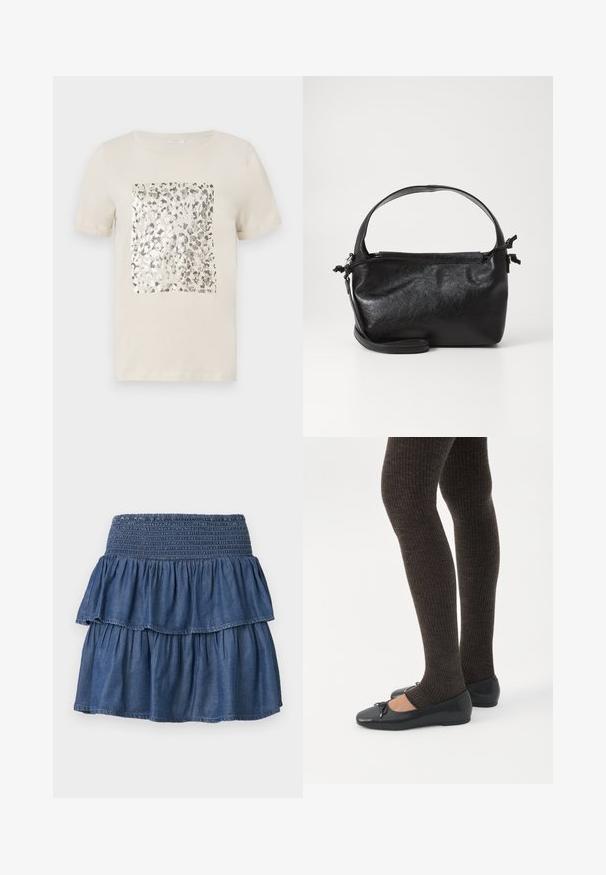 T-shirt beige à manches courtes avec un imprimé animal en argent carré au centre. Matière en coton doux, col rond classique.; Jupe en jean bleue à volants avec une large ceinture smockée et deux couches froncées sur un fond uni.; Jambes portant des leggings côtelés foncés associés à des ballerines noires avec de petits détails en nœud sur fond blanc.; Sac à main en cuir noir au design structuré, avec une poignée arrondie et une bandoulière amovible. Présente une texture lisse et un éclat subtil.