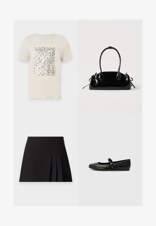 T-shirt beige à manches courtes avec un imprimé animal en argent carré au centre. Matière en coton doux, col rond classique.; Jupe mini plissée noire en tissu lisse. Dotée d'une taille ajustée et de détails de couture subtils le long des plis pour apporter de la texture.; Ballerines en cuir noir avec un bout arrondi, une semelle plate et une fine sangle ajustable sur le cou-de-pied avec une boucle en métal.; Petit sac à main noir brillant avec deux longues anses et des détails à cordon sur les côtés sur un fond clair uni.