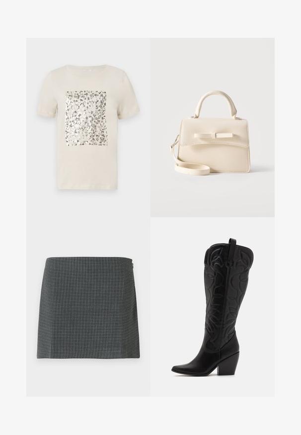 T-shirt beige à manches courtes avec un imprimé animal en argent carré au centre. Matière en coton doux, col rond classique.; Jupe en damier noir et blanc en tissu à la texture lisse. Présente une silhouette droite et une fermeture éclair sur le côté.; Bottes hautes en cuir noir jusqu'aux genoux avec bout pointu et talon empilé. Caractéristiques de coutures décoratives et éléments de design courbés.; Petit sac à main beige avec poignée supérieure, bandoulière amovible, rabat avant et nœud horizontal décoratif sur un fond uni.