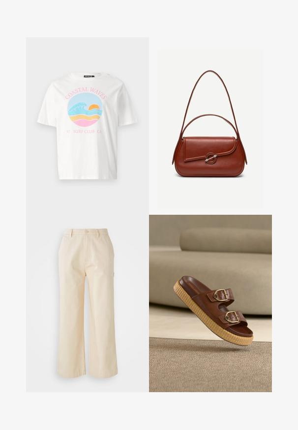 Weißes T-Shirt mit kurzenÄrmeln, das ein grafisches Design mit Wellen, einem Sonnenuntergang und dem Text „COASTAL WAVES 97 SURF CLUB CA“ in Pink und Blau zeigt.; Helle beige, weit geschnittene Hose aus Baumwolle mit glatter Textur, ausgestattet mit einem Frontknopfverschluss und Seitentaschen.; Braune Lederschlappe mit zwei goldenen Schnallen und dicker gewebter Plateausohle auf beigem Teppich und Sofa im Hintergrund.; Braune Leder-Schultertasche mit abgerundeter rechteckiger Form, asymmetrischer Klappe, silbernem runden Verschluss und zwei dünnen Riemen.