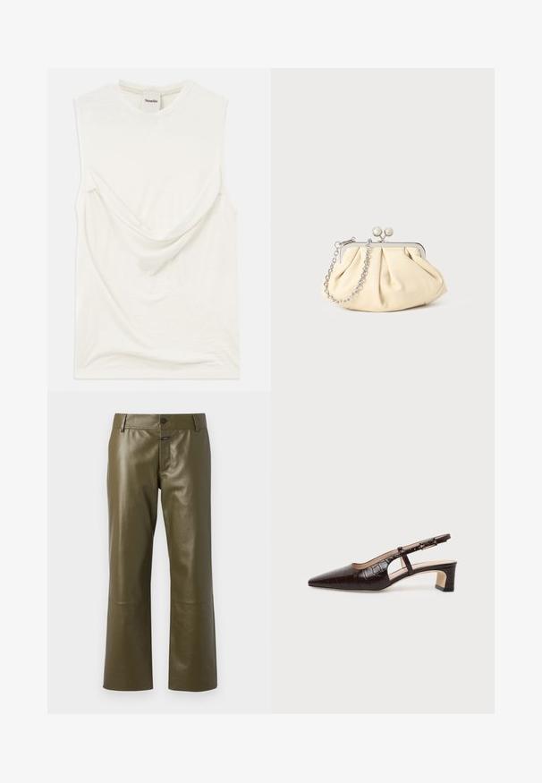 Haut sans manches blanc avec un détail drapé à l'avant, fabriqué en tissu doux et léger. Présente un col rond et une coupe décontractée.; CLOSED SERANDON - Pantalon en cuir - marsh green; Chaussure slingback en cuir marron foncé à texture crocodile, bout pointu, talon bas bloc et bride ajustable avec boucle dorée.; Pochette en cuir beige plissé avec un cadre en métal argenté, dotée de deux fermoirs ronds décoratifs et d'une chaîne en argent.