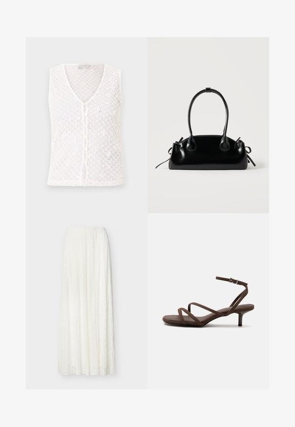 Veste blanche sans manches en crochet tricoté avec des boutons sur le devant et un col en V, étiquetée Anna Field.; Longue jupe en dentelle blanche à taille haute avec un tissu texturé plissé, descendant jusqu'au sol.; Sandale marron à talons hauts avec fines lanières croisées et bride de cheville avec boucle argentée sur fond blanc.; Petit sac à main noir brillant avec deux longues anses et des détails à cordon sur les côtés sur un fond clair uni.