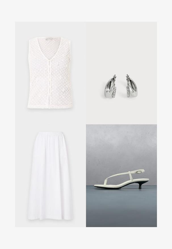 Veste blanche sans manches en crochet tricoté avec des boutons sur le devant et un col en V, étiquetée Anna Field.; Jupe blanche, longueur genou, avec une taille élastique, présentant un design simple et un tissu léger, exhibant une texture lisse et unie.; Sandale blanche à talon kitten avec des lanières et un bout pointu, flottant au-dessus d'un sol en carrelage en bois en plein air avec un arrière-plan flou de plante et de mur.; Paire de boucles d'oreilles créoles en argent avec une petite rangée de strass transparents sur le devant, présentée sur un fond gris clair uni.