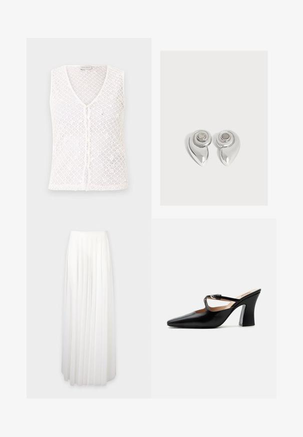 Veste blanche sans manches en crochet tricoté avec des boutons sur le devant et un col en V, étiquetée Anna Field.; Longue jupe plissée blanche avec une taille haute et un design fluide jusqu'au sol sur un fond uni.; Mule en cuir noir à bout pointu avec talon évasé de hauteur moyenne et fine bride avec boucle argentée sur le dessus du pied.; Paire de boucles d’oreilles métalliques argentées brillantes avec un design en spirale et une pierre circulaire au centre sur un fond blanc uni.