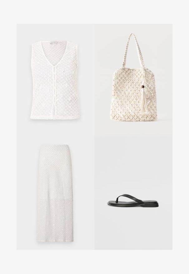 Veste blanche sans manches en crochet tricoté avec des boutons sur le devant et un col en V, étiquetée Anna Field.; Longue jupe blanche avec un motif discret en losanges et de petits sequins éparpillés, présentée sur un fond gris uni.; Tongs noires en cuir lisse, avec un design de sangle fine et une semelle plate à profil minimal. Aucun motif ou accent notables.; Sac fourre-tout en coton blanc tissé avec des poignées tressées et un pompon suspendu orné d'un détail en perle de bois.