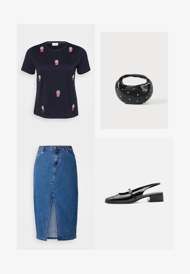 Camiseta de algodón azul marino con mangas cortas; presenta bolsas de palomitas bordadas en rojo y blanco distribuidas por el frontal. Textura suave. Cuello redondo.; Falda de mezclilla en azul medio con una abertura frontal, cintura alta, cinco bolsillos y trabillas para cinturón. La tela tiene un acabado texturizado.; Zapato slingback de charol negro con tacón bajo y grueso y una fina correa con hebilla de plata en la parte superior.; Bolso de mano de cuero negro con forma redondeada, decorado con detalles de tachuelas plateadas y un asa corta. Textura lisa y cierre con cremallera.