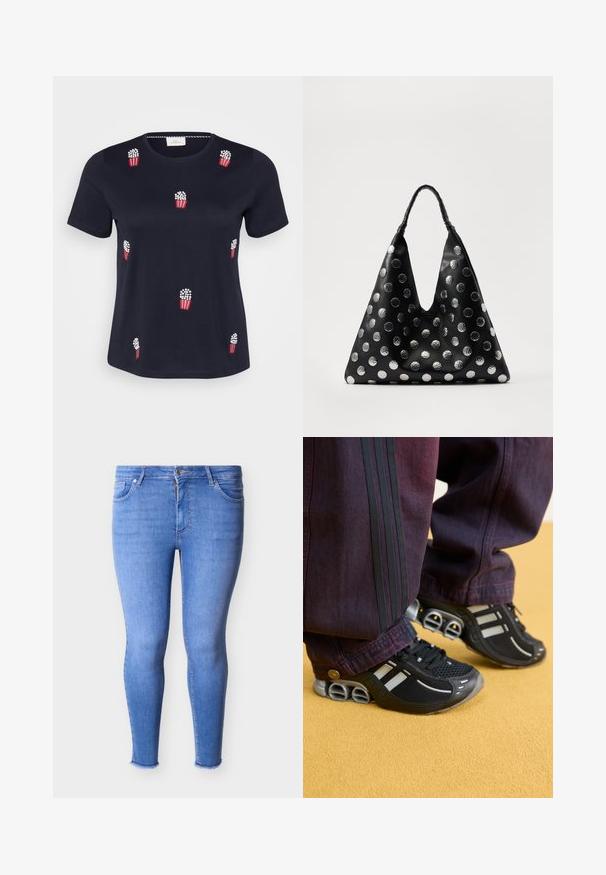 Marineblå bomulds-T-shirt med korte ærmer; har røde og hvide broderede popcornposer spredt over forsiden. Blød tekstur. Rund hals.; Lyseblå højttaljerede skinny jeans med lynlås foran, knaplukning, fem lommer og frynsekanter.; Sorte atletiske sko med sølv accenter og tekstureret mesh overdel. Mørk lilla bukser med tre sorte striber på siden. Gul jordoverflade.; Sort lædertaske med en trekantet form, udstyret med sølvfarvede metallic prikker og et tekstureret håndtag. Generelt glat finish.