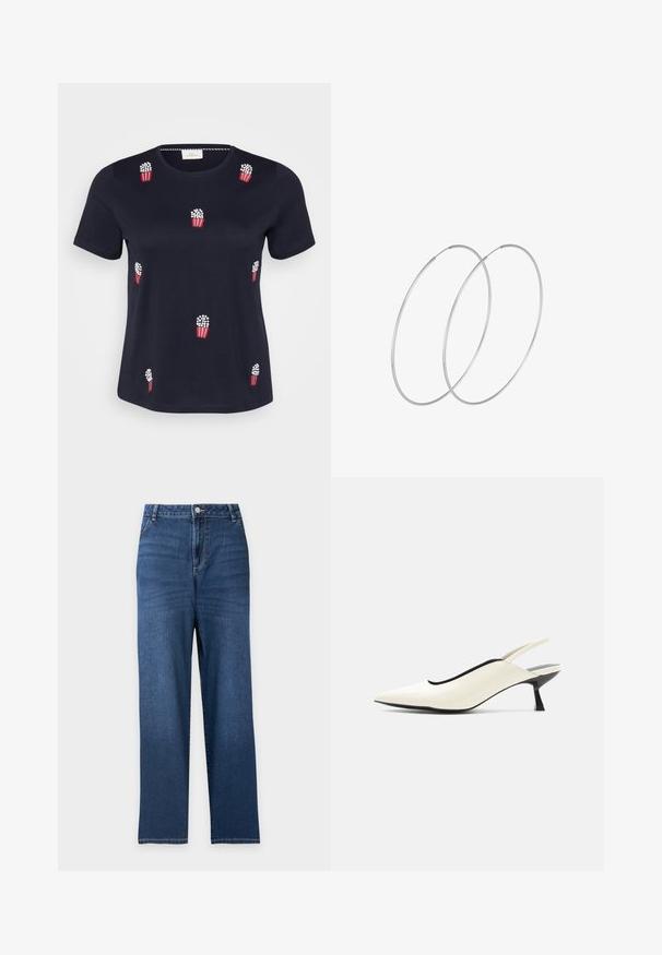 Marineblå bomulds-T-shirt med korte ærmer; har røde og hvide broderede popcornposer spredt over forsiden. Blød tekstur. Rund hals.; Blå straight-leg denimjeans med høj talje, knap foran, lynlås og lommer foran og bagpå.; Cremefarvet spids tå slingback-sko med lav sort kittenhæl og glat læderfinish på hvid baggrund.; Sølvøreringe med et minimalistisk design. Cirkulær form, glat tekstur og tynd profil. Letvægtige med en poleret overflade.