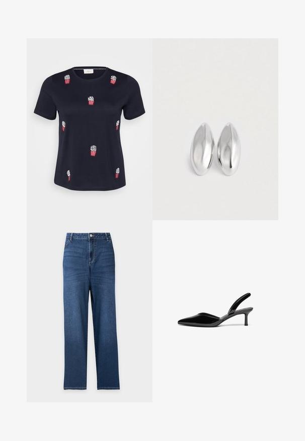 Marineblå bomulds-T-shirt med korte ærmer; har røde og hvide broderede popcornposer spredt over forsiden. Blød tekstur. Rund hals.; Blå straight-leg denimjeans med høj talje, knap foran, lynlås og lommer foran og bagpå.; Sorte patentlæder slingback hæle med spids tå, lav stiletto hæl og et elegant, enkelt design uden pynt.; Et par glatte, skinnende sølvfarvede ovalformede genstande placeret side om side på en helt hvid baggrund.