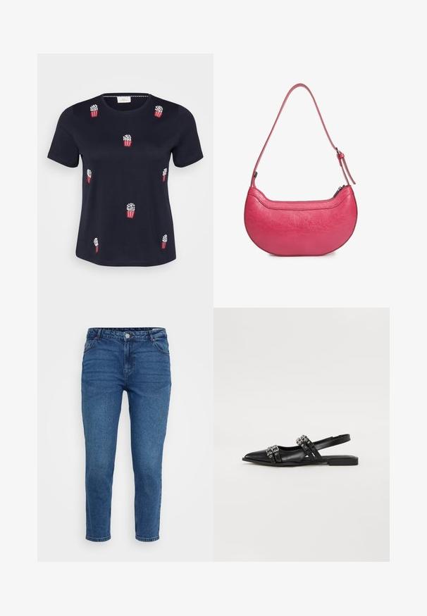 Marineblå bomulds-T-shirt med korte ærmer; har røde og hvide broderede popcornposer spredt over forsiden. Blød tekstur. Rund hals.; Blå denim jeans med mellemhøj talje, fem-lomme design og lige ben. Har stikninger og metalhardware-detaljer.; Even&Odd by Zalando Slingback-ballerinasko - black; Lyserød læderhandbag med en buet form, en enkelt justerbar skulderrem og en top-lynlås. Tekstureret overflade med synlige folder.