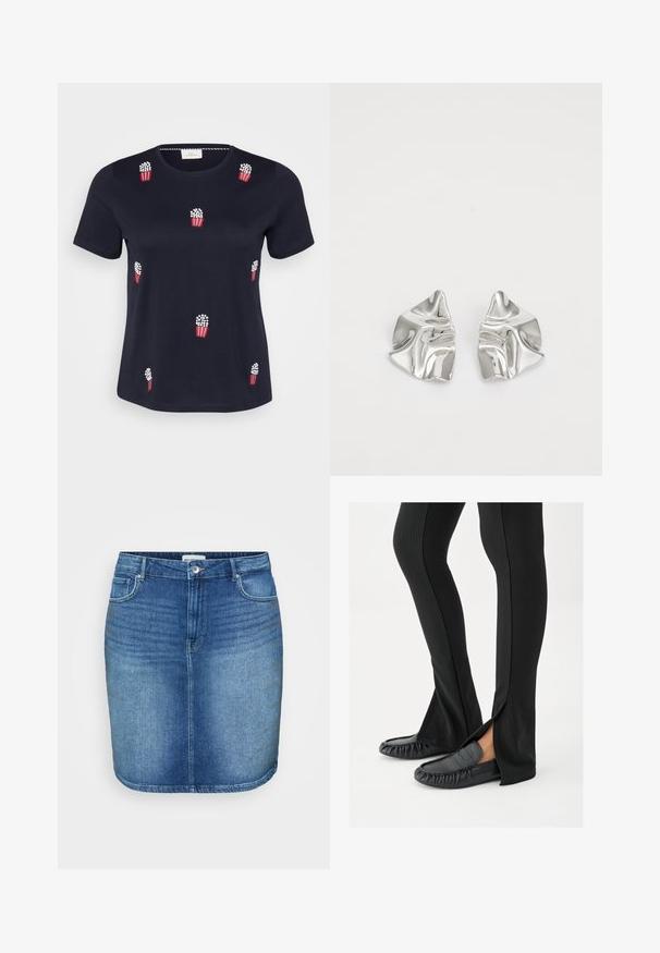 Marineblå bomulds-T-shirt med korte ærmer; har røde og hvide broderede popcornposer spredt over forsiden. Blød tekstur. Rund hals.; Denim nederdel i mellemblå vask med en tætsiddende design, lige snit, fem-lomme stil og en talje med knaplukning foran.; Ben iført sorte flagrende bukser med sideslids, kombineret med sorte lædermoccasins på en hvid baggrund.; Sølvmetal øreringe med et bølgende, skulpturelt design, der har en poleret overflade og uregelmæssige former, hvilket fremhæver en moderne æstetik.