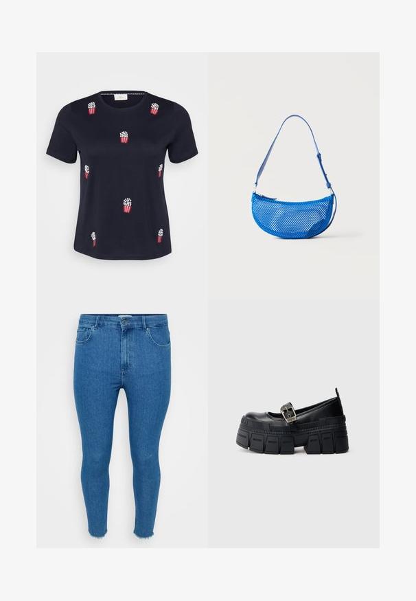 Marineblå bomulds-T-shirt med korte ærmer; har røde og hvide broderede popcornposer spredt over forsiden. Blød tekstur. Rund hals.; Smal blå denimjeans med høj talje, fem-lommer-design og rå kant. Materialet ser glat ud med let falmning på lårene.; Sorte platåsko med rund tå, der har en sølvspænde og en tekstureret sål med et karakteristisk robust design.; Blå net skuldertaske med justerbar rem og lynlåslukning, vist mod en ensfarvet hvid baggrund.