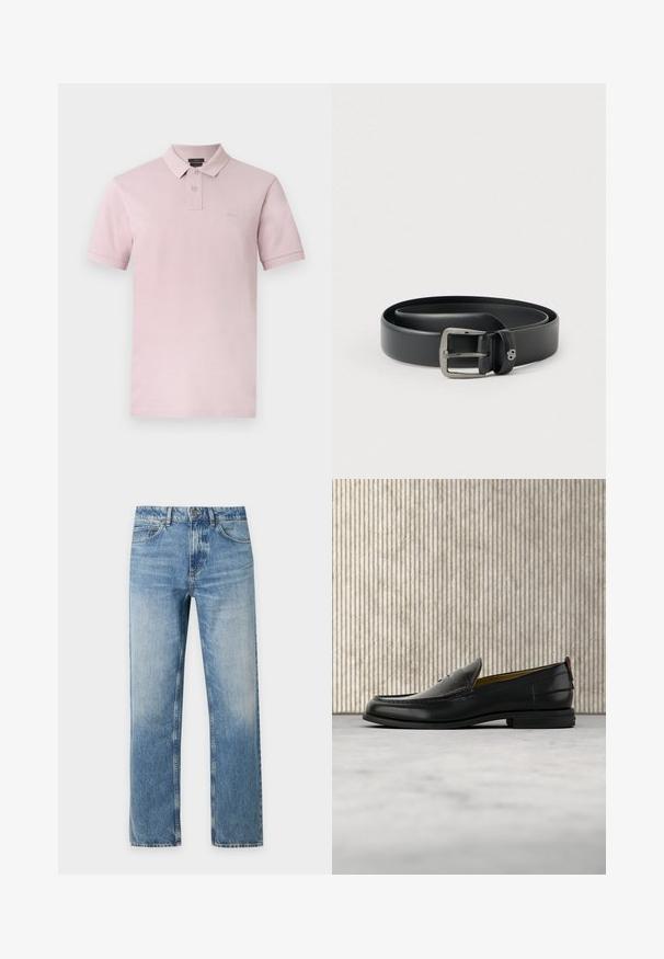 Polo rose clair à manches courtes avec deux boutons, petit écusson logo sur la poitrine et col classique sur fond blanc.; Jean denim bleu clair à coupe droite avec cinq poches et fermeture bouton sur un fond uni.; Mocassin pour homme en cuir noir avec un dessus embossé effet croco et un petit talon, présenté de profil sur un fond neutre.; Ceinture en cuir noir avec une boucle en métal argenté brillante, texture lisse et bords cousus. Dispose d'une boucle pour fixer l'extrémité de la ceinture.