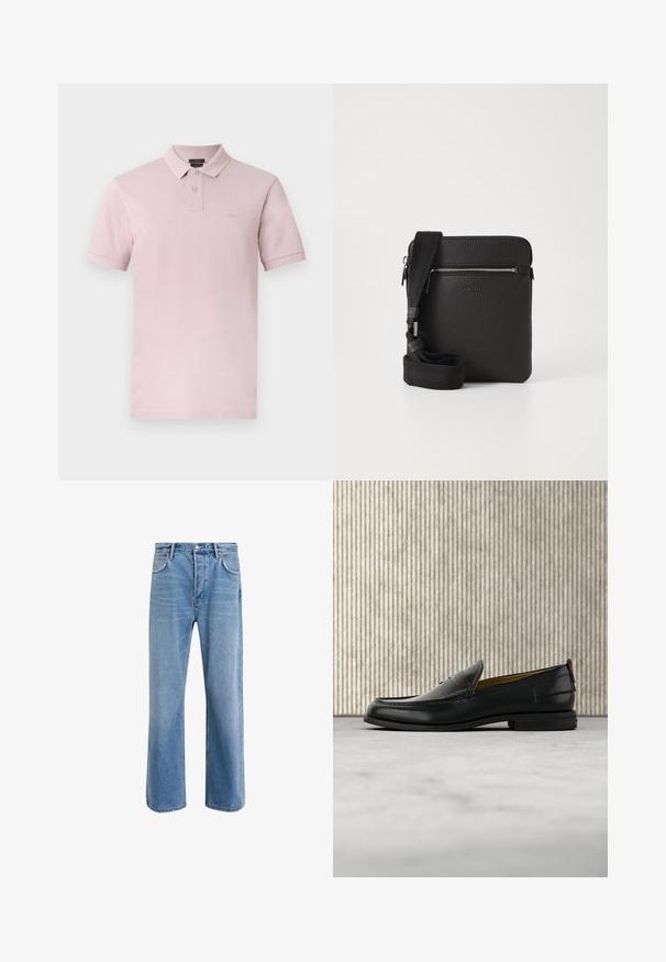 Polo rose clair à manches courtes avec deux boutons, petit écusson logo sur la poitrine et col classique sur fond blanc.; Jeans en denim bleu clair avec une coupe droite, cinq poches, fermeture à bouton, peu d'usure et des détails de couture contrastés.; Mocassin pour homme en cuir noir avec un dessus embossé effet croco et un petit talon, présenté de profil sur un fond neutre.; Sac à bandoulière en cuir noir avec une surface texturée, poche avant zippée et une sangle en tissu réglable. Design simple et carré.