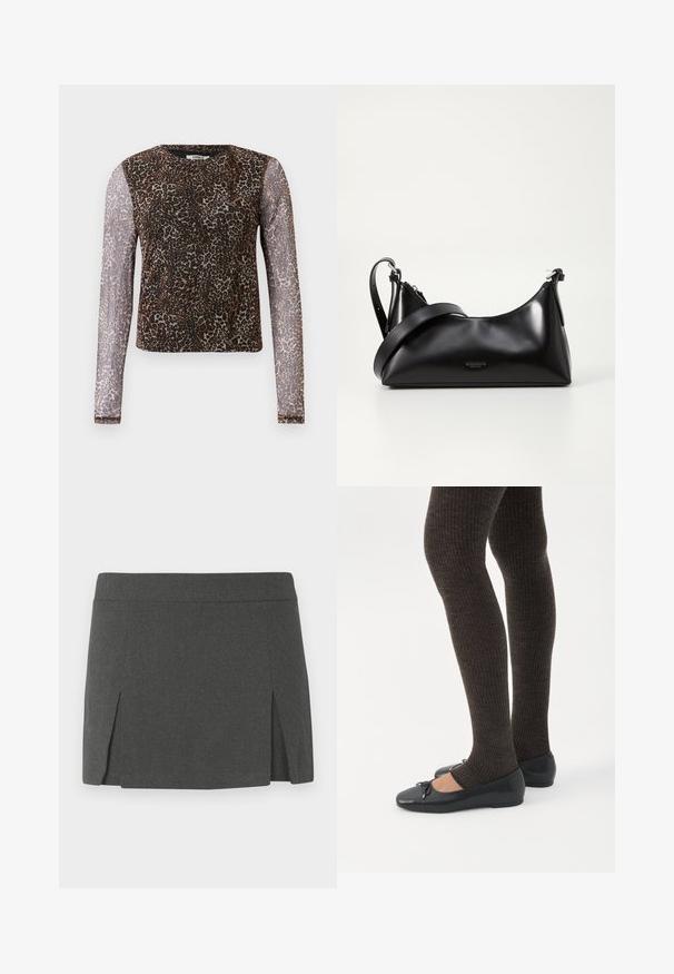 Top de malla de leopardo de manga larga con cuello redondo, silueta ajustada y mangas semitransparentes en tonos marrones y negros.; Minifalda gris con una textura suave, que presenta una cinturilla plana y dos aberturas en los lados frontales para un detalle adicional. Diseño casual.; Piernas con leggings oscuros acanalados combinados con bailarinas negras que presentan pequeños detalles de lazo sobre un fondo blanco.; Bolso de mano de cuero negro con una textura suave. Cuenta con una correa ajustable y un diseño elegante y minimalista con cierre de cremallera.