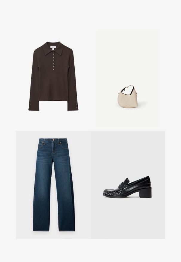 Polo shirt à manches longues côtelé marron avec un col, patte de boutonnage à six boutons et accents de boutons sur les manches. Texture douce avec une silhouette ajustée.; Jean en denim bleu foncé à coupe droite avec cinq poches et rivets en cuivre, présenté sur un fond blanc.; Mocassins en cuir noir avec un devant froncé, bout rond et un talon carré. Présentent une bande décorative et des détails de couture le long des bords.; Sac à main en cuir beige en forme de croissant avec une seule bandoulière et des coutures minimalistes, posé sur un fond blanc uni.