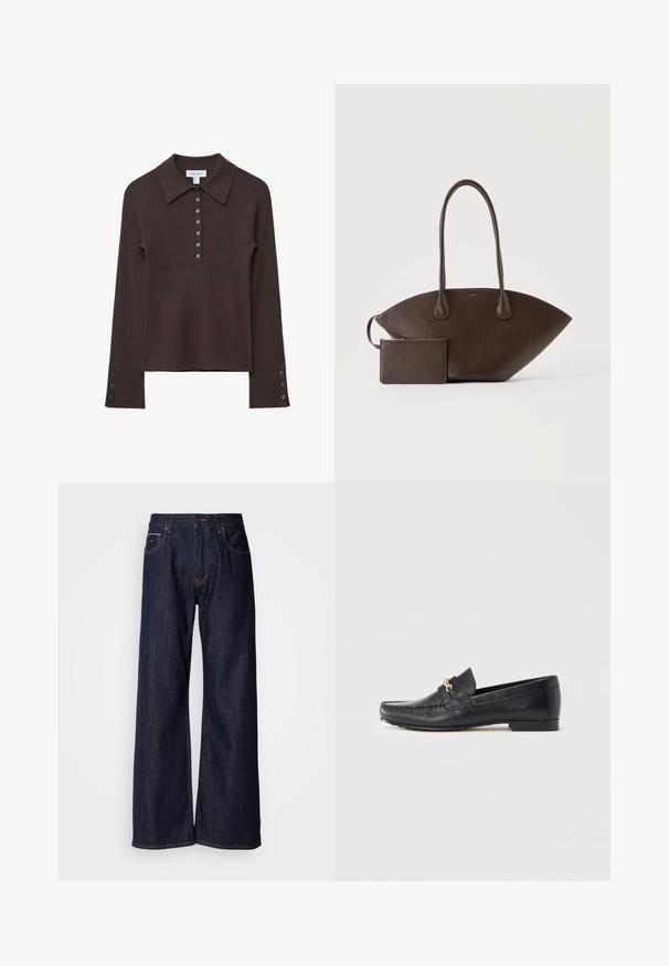 Polo shirt à manches longues côtelé marron avec un col, patte de boutonnage à six boutons et accents de boutons sur les manches. Texture douce avec une silhouette ajustée.; Jean en denim noir à jambes larges et taille haute, avec poches avant et détails de couture subtils. Texture lisse avec une coupe classique.; Mocassin en cuir noir avec garniture décorative en métal doré, coutures apparentes, bout légèrement pointu et semelle plate et minimaliste.; Sac à main en cuir marron foncé avec longues poignées et petite pochette assortie zippée sur un fond clair uni.