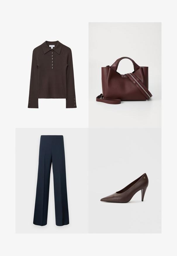 Polo shirt à manches longues côtelé marron avec un col, patte de boutonnage à six boutons et accents de boutons sur les manches. Texture douce avec une silhouette ajustée.; Pantalon large bleu marine en tissu lisse à taille haute sans fermetures visibles, présentant des lignes épurées et une silhouette élégante.; Pompe à talons hauts en cuir brun avec un bout pointu et un talon fin et incliné. Présente un petit accent de logo métallique à l'arrière.; Sac à main en cuir bordeaux avec une finition texturée, deux poignées courtes et une bandoulière amovible dotée d'un détail de fermeture éclair en argent.