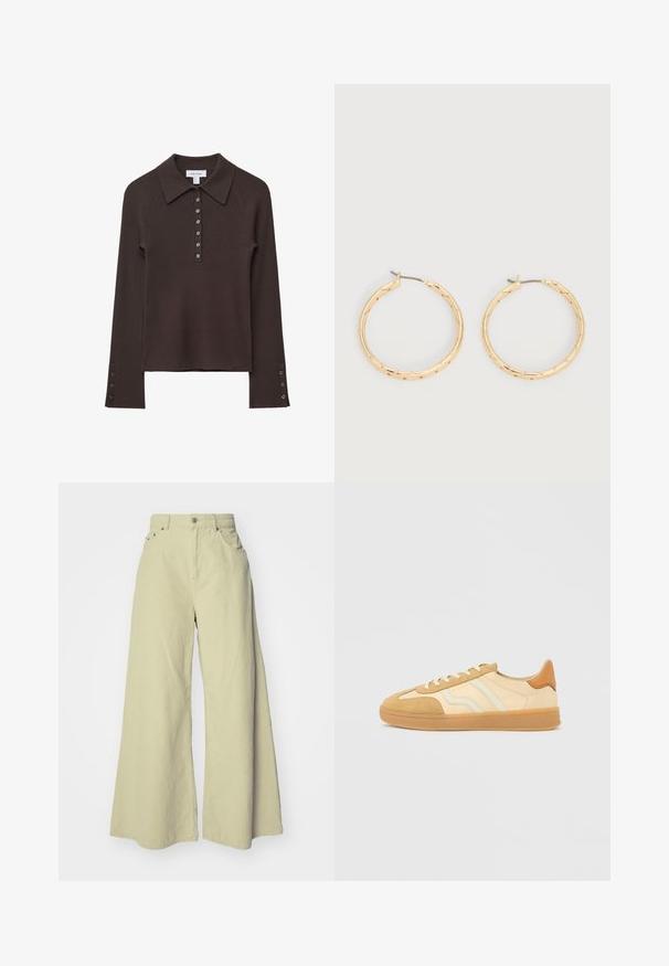 Polo shirt à manches longues côtelé marron avec un col, patte de boutonnage à six boutons et accents de boutons sur les manches. Texture douce avec une silhouette ajustée.; Pantalons en velours côtelé à jambes larges en vert clair, avec une taille haute, deux poches avant, une coupe ample et une texture ribbée verticale.; Baskets beige et crème en suède et cuir, avec semelles en caoutchouc, trois bandes et un accent marron au talon.; Paire de boucles d'oreilles créoles texturées en ton or avec tiges fines sur fond blanc.