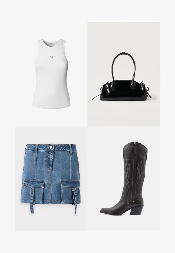 Hvid ribstrikket tanktop med rund halsudskæring og ærmeløs design. Har en lille sort "Pepe Jeans"-logo broderet på forsiden.; Lysblå denim mini nederdel med høj talje, frontlukning med knapper og to forlommer med justerbare stropper.; Brune læder cowboystøvler med flammebroderi, sidelukning med lynlås, sølvnitter, spids snude og lagdelt hæl.; Lille sort blank håndtaske med to lange håndtag og snøre-detaljer i siden på en ensfarvet lys baggrund.