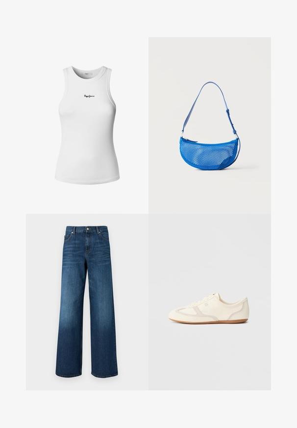 Witte geribbelde tanktop met een ronde halslijn en mouwloos ontwerp. Heeft een klein zwart "Pepe Jeans" logo geborduurd aan de voorkant.; Blauwe wijdere jeans met voorzakken, riemlussen en een knoopsluiting op een effen achtergrond.; Crème-witte sneakers met een bovenwerk van suède en stof, een afgeronde neus en een rubberen zool met een beige accentdetail. Vetersluiting.; Blauwe mesh schoudertas met verstelbare riem en ritssluiting, getoond tegen een effen witte achtergrond.