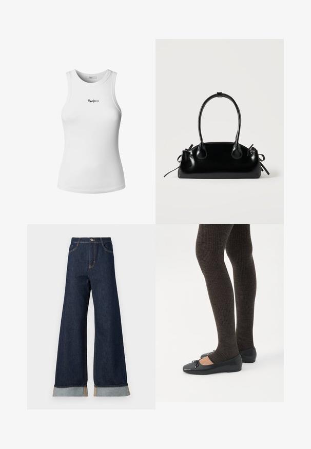Hvid ribstrikket tanktop med rund halsudskæring og ærmeløs design. Har en lille sort "Pepe Jeans"-logo broderet på forsiden.; Bredde ben mørk denim jeans med orange syninger, med høj talje, to forlommer og opbrettede manchetter, der viser et lysblåt kontraststof.; Ben iført mørke ribbede leggings kombineret med sorte balletsko med små sløjfedetaljer på hvid baggrund.; Lille sort blank håndtaske med to lange håndtag og snøre-detaljer i siden på en ensfarvet lys baggrund.