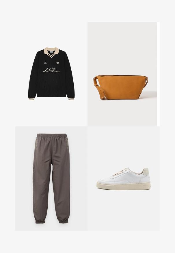 Pull en maille noir avec col et poignets beige, avec le texte "Les Deux", une petite rose et "Est. 2011" brodés sur la poitrine.; Pantalons gris foncé à taille élastique avec une coupe décontractée. Présentent des poignets froncés et une broderie subtile sur les côtés. Tissu léger.; Sneaker blanche avec un dessus en cuir lisse, des lacets beige et un onglet de talon en daim beige texturé. Semelle surélevée pour une hauteur supplémentaire.; Sac bandoulière en cuir marron clair avec sangle réglable et fermeture éclair, présenté sur un fond clair uni.