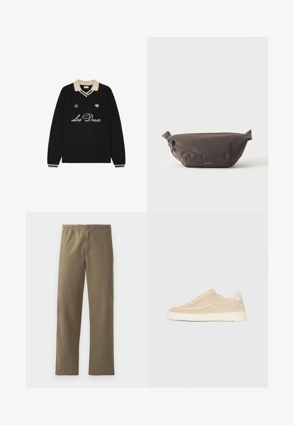 Pull en maille noir avec col et poignets beige, avec le texte "Les Deux", une petite rose et "Est. 2011" brodés sur la poitrine.; Pantalons kaki en tissu léger. Dotés d'une taille élastique, d'une fermeture à boutons, de jambes droites et d'une texture lisse.; Baskets en daim beige avec semelle et lacets blancs, design basse, et motif de semelle en zigzag.; Sac banane en tissu marron foncé avec poche zippée en diagonale et petit logo blanc sur le devant, sur un fond clair uni.
