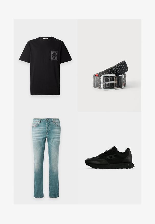 Zwarte katoenen t-shirt met korte mouwen, voorzien van een grafische print op de linkerborst en een kleine rode accent nabij de halslijn.; Lichtblauwe denim jeans met een rechte pasvorm, vijf zakken, subtiele vervaging en een klassieke knoopsluiting bij de taille.; Zwarte lage sneaker met gestructureerd leer en stoffen panelen, vetersluiting en dikke rubberen zool op een effen lichte achtergrond.; Zwarte Diesel-riem met grote witte logotekst, rechthoekige zilveren gesp en merkmetal lusdetail, opgerold op een lichte achtergrond.