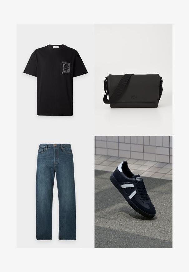Schwarz Baumwoll-T-Shirt mit kurzen Ärmeln, ausgestattet mit einem grafischen Druck auf der linken Brust und einem kleinen roten Akzent am Halsauschnitt.; Dunkelblaue Jeans im geraden Schnitt mit fünf Taschen, Knopfverschluss und Gürtelschlaufen auf einem schlichten weißen Hintergrund.; Schwarze Leder-Sneaker mit weißen Streifen, strukturiertem Gummisohle und Schnürung. Verfügt über ein Markenetikett auf der Zunge.; Lacoste MESSENGER BAG MEN CLASSIC - Umhängetasche - noir